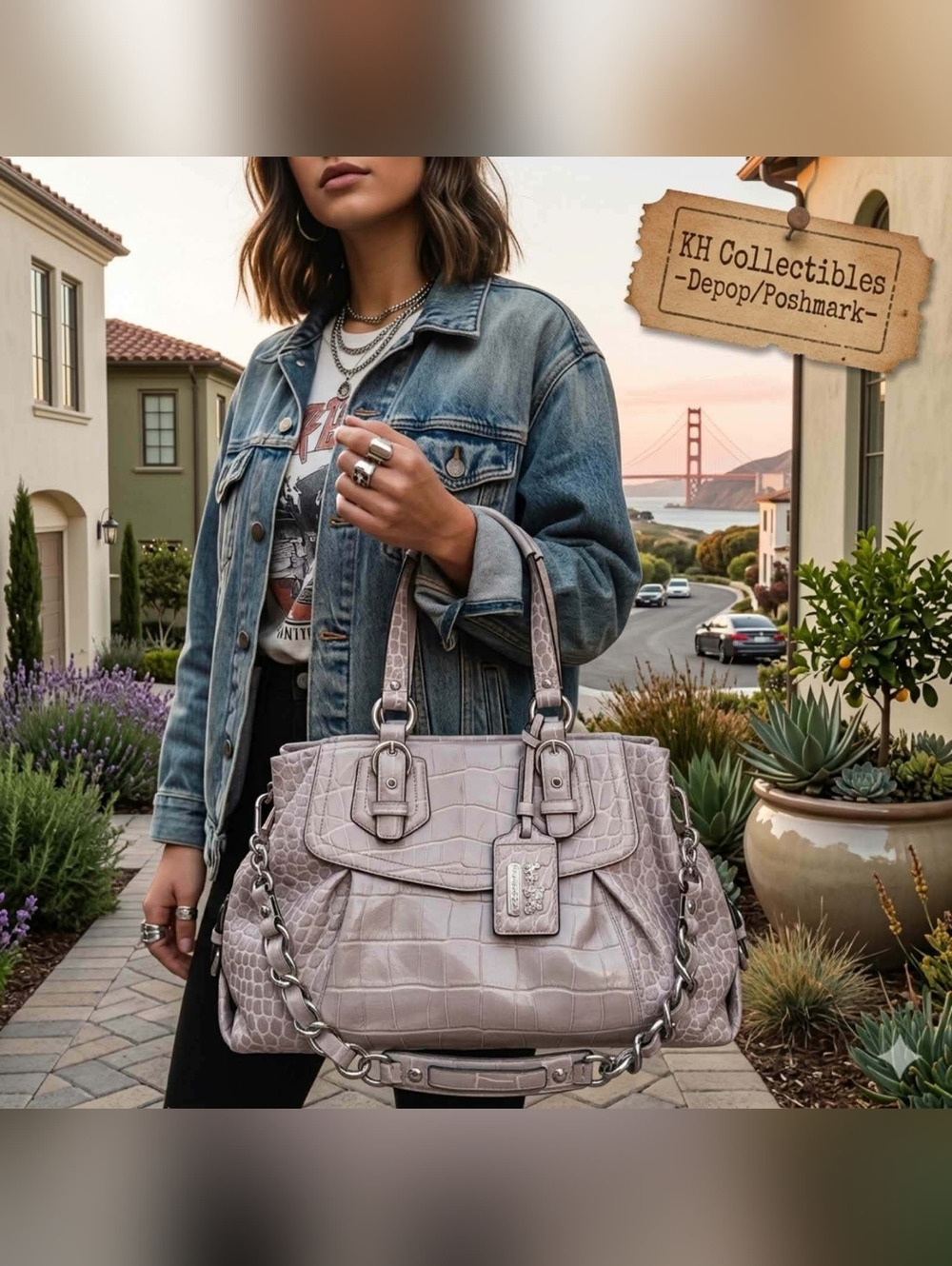 Coach Madison Embossed Croc Leather Carryall Bag 14601 Vintage Gray Purple